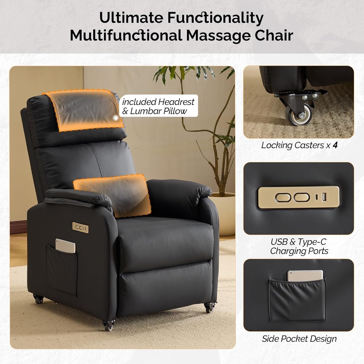 Electric Recliner Chair w/ Wheels Massage Heat High Back Footrest Leather Black