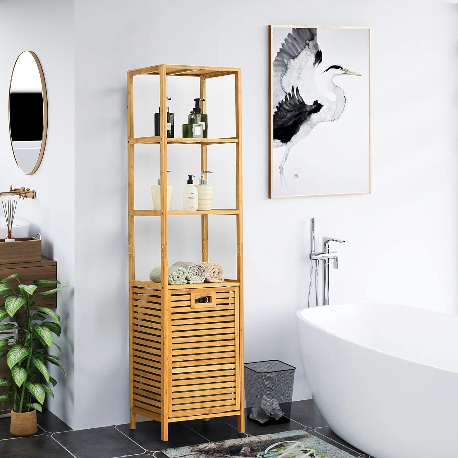 Tall Bamboo Laundry Hamper with 3 Shelves & Tilt-Out Basket | 40×33×160cm