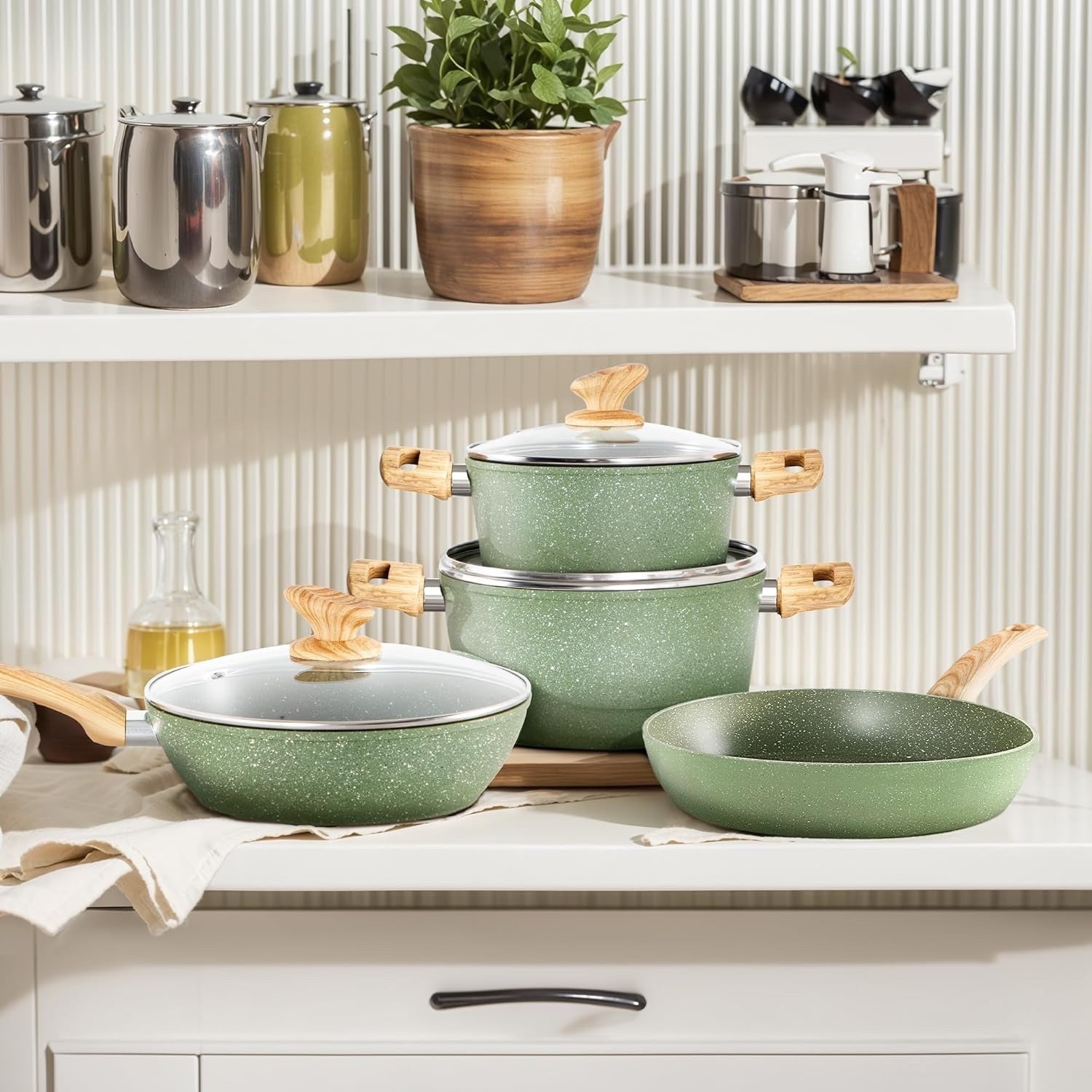 12Pcs Green Non Stick Cookware Set Granite Induction Pots and Pans with Lids