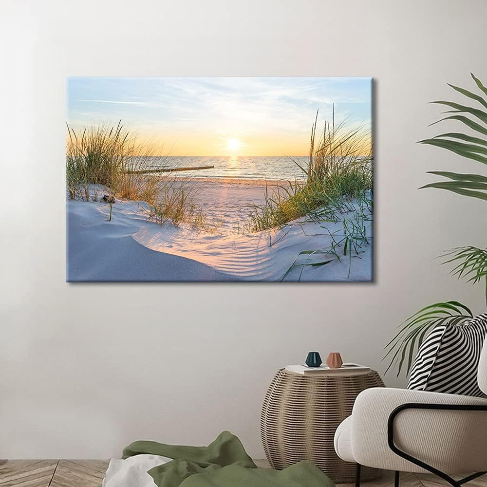 Large Beach Sunrise Canvas Wall Art 36x24in Framed Seaside