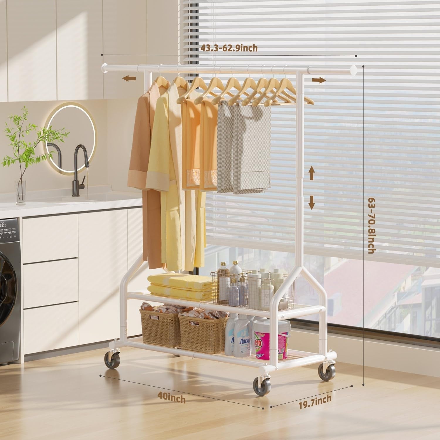 White Heavy Duty 252KG Clothes Rail With Shelves & Wheels