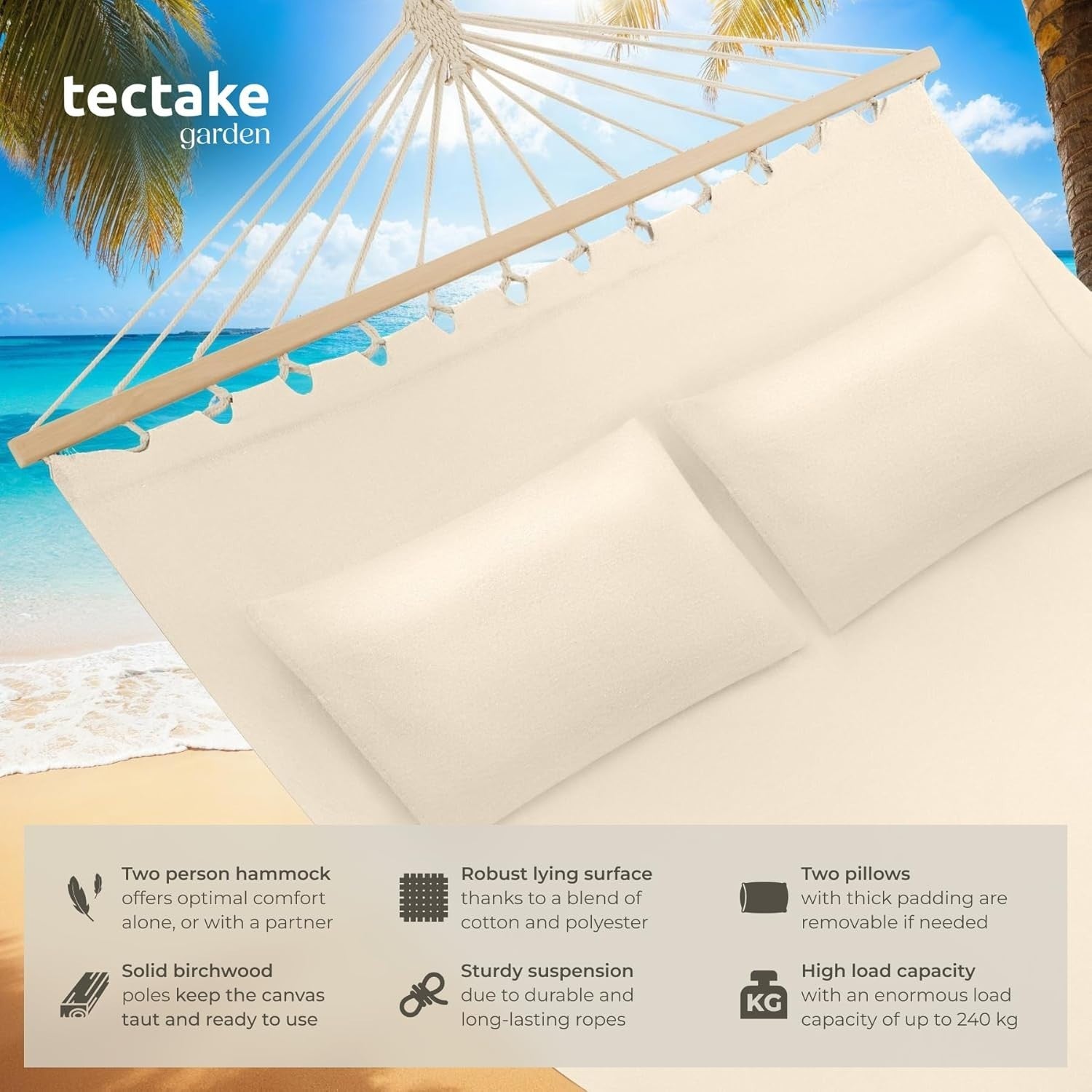 Beige Double Outdoor Hammock for 2 with Plush Pillows, Soft Cotton, 240kg Load