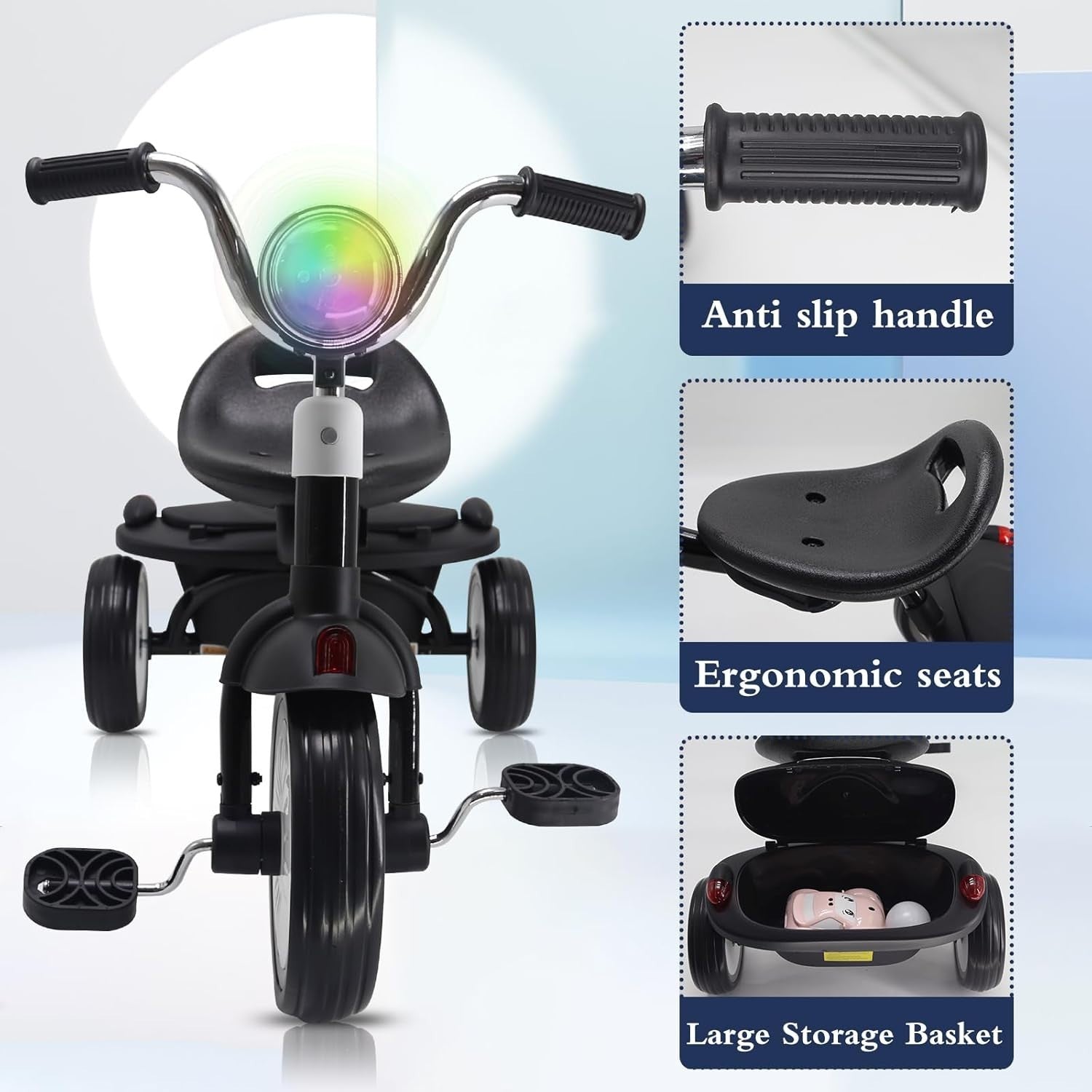 Kids Foldable Tricycle 3 Wheel Pedal Bike Music Lights Storage 1-4Y