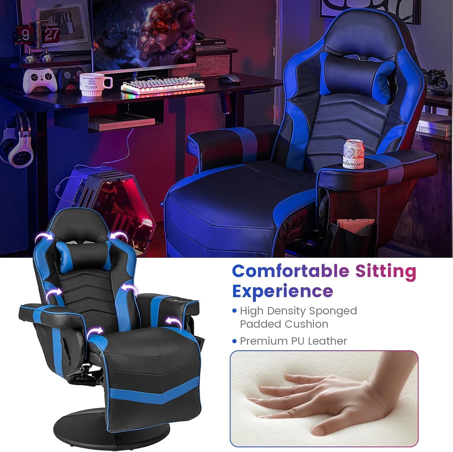 Massage Gaming Chair Recliner w/ Footrest Cup Holder Blue