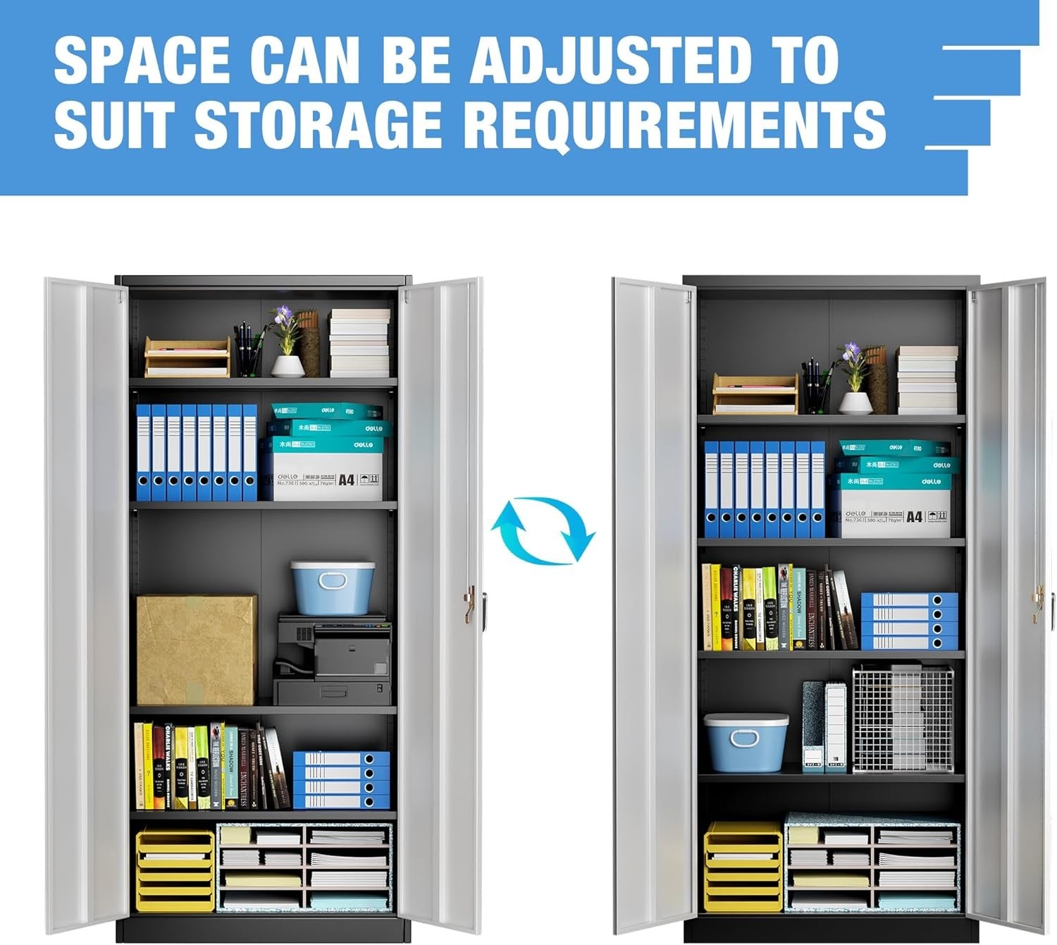 Tall Metal Storage Cabinet 180cm Lockable Cupboard with 4 Adjustable Shelves