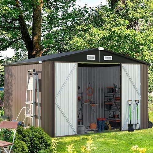 Metal Garden Shed 10x8ft Outdoor Storage Waterproof Tool Box Brown