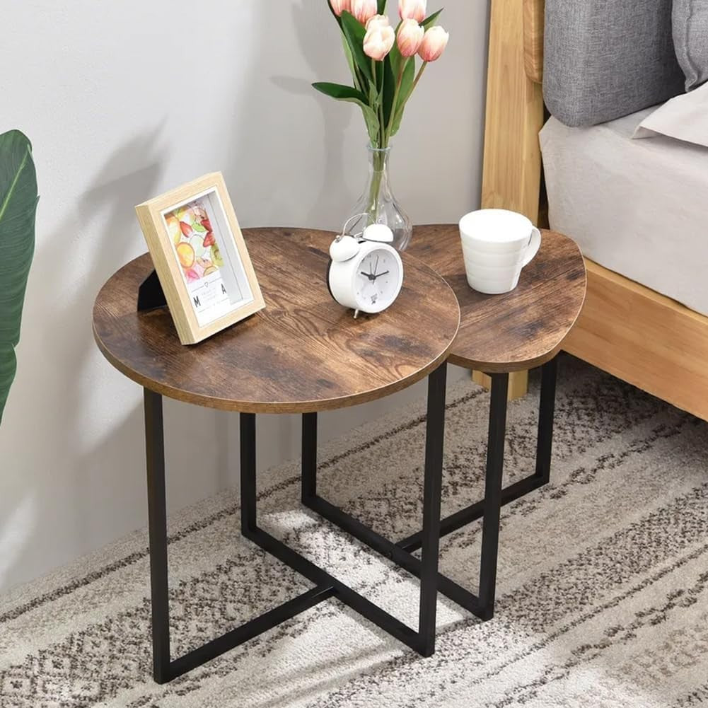 Nest of 2 Round Triangle Coffee Tables Set, Small Space Side End Table Stackable