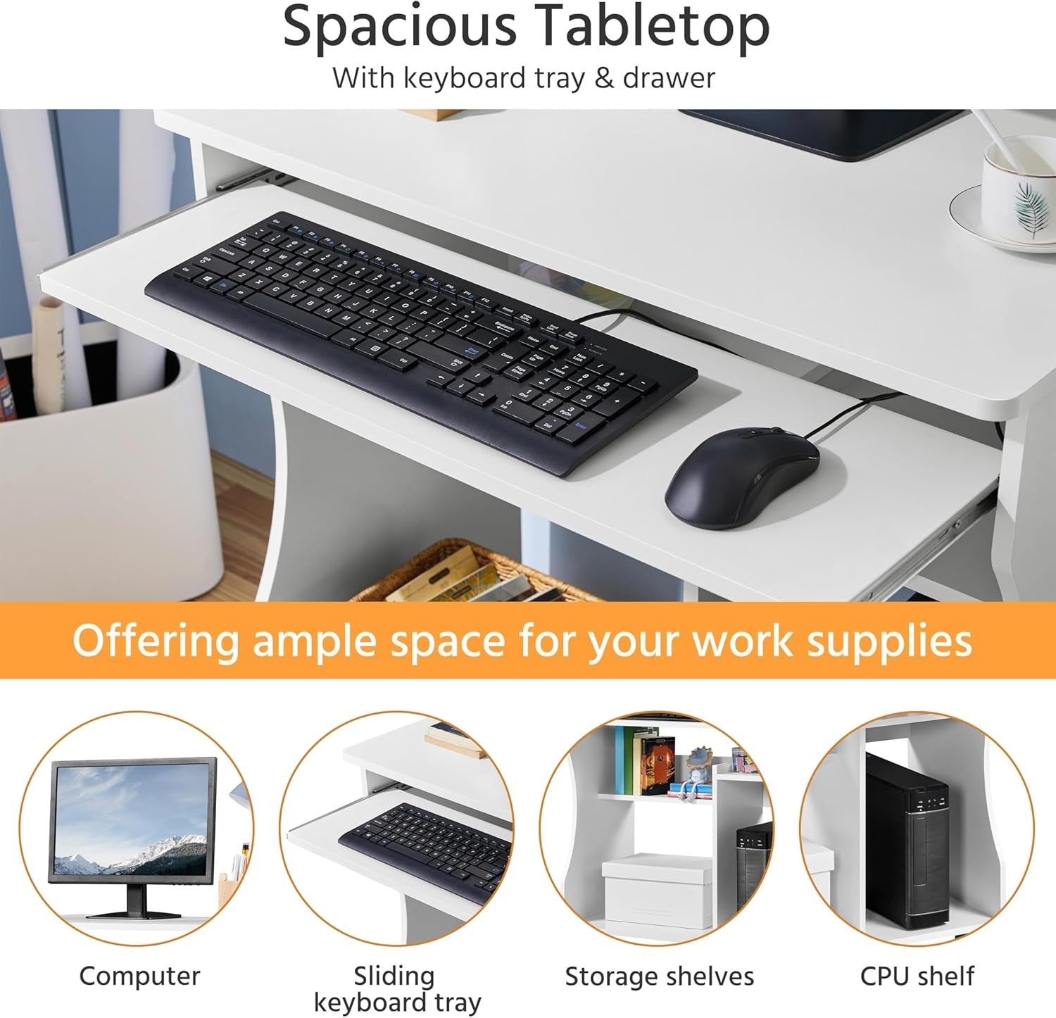 Small Computer Desk on Wheels with Keyboard Tray Storage Shelves Compact Office