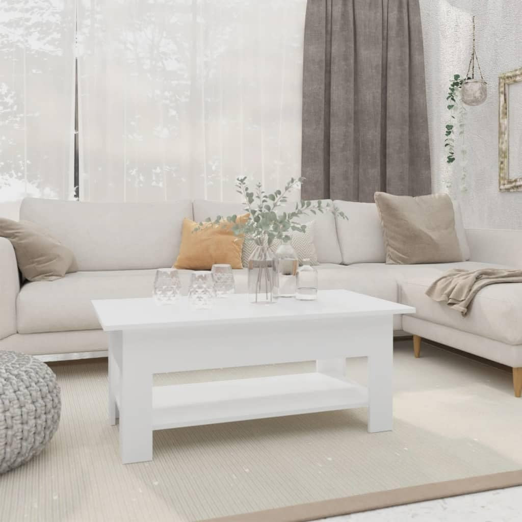 Modern Rectangular Coffee Table with Storage Shelf – Stylish, Durable White