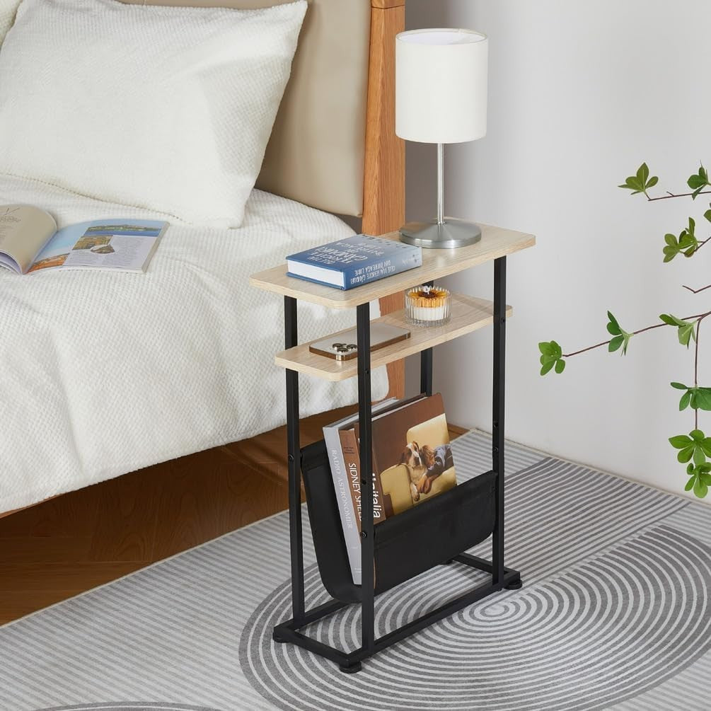 Slim Oak Side Table with Magazine Holder & Adjustable Feet 18x42x55cm
