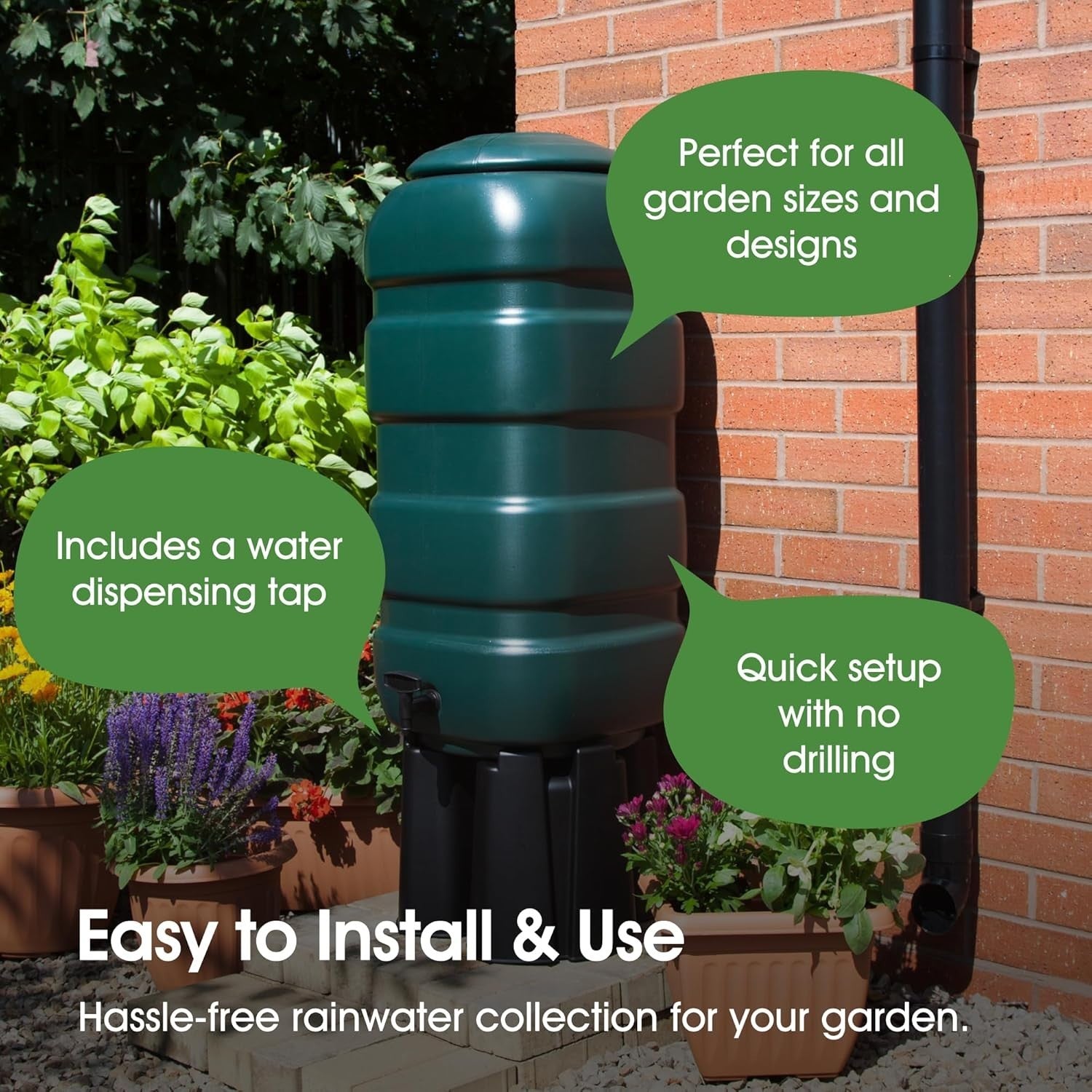 250L Garden Water Butt Kit with Stand, Tap, Diverter & Hose
