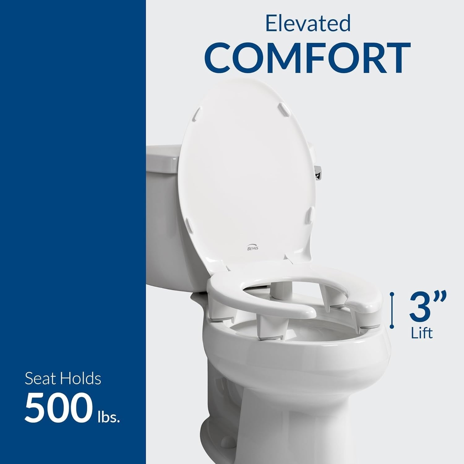 Elevated Toilet Seat 3" Lift White Elongated Open Front Snap 2 Secure