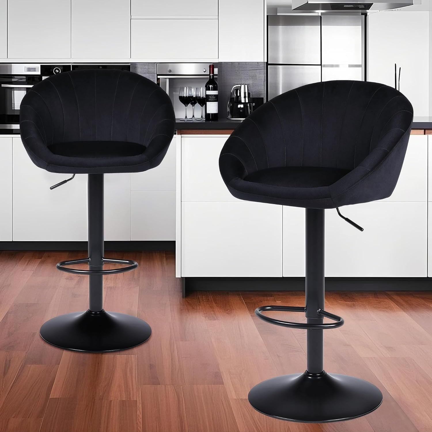 Adjustable Velvet Bar Stools Set of 2 | Black Swivel Kitchen Counter Chairs