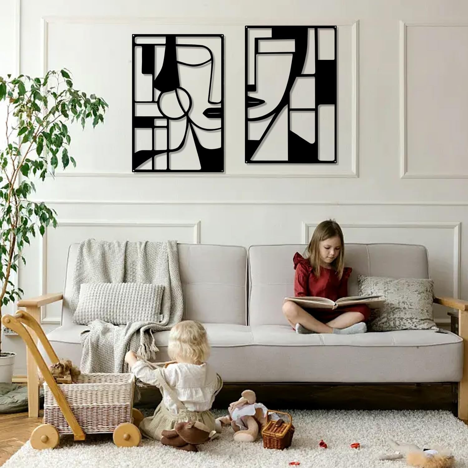 Black Metal Face Wall Art Set 2 Piece Modern Geometric Minimalist Decor