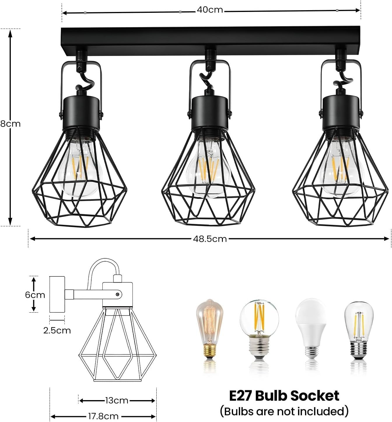 3 Light Black Vanity Wall Lights - 90° Rotatable, Vintage Farmhouse Bathroom Lam