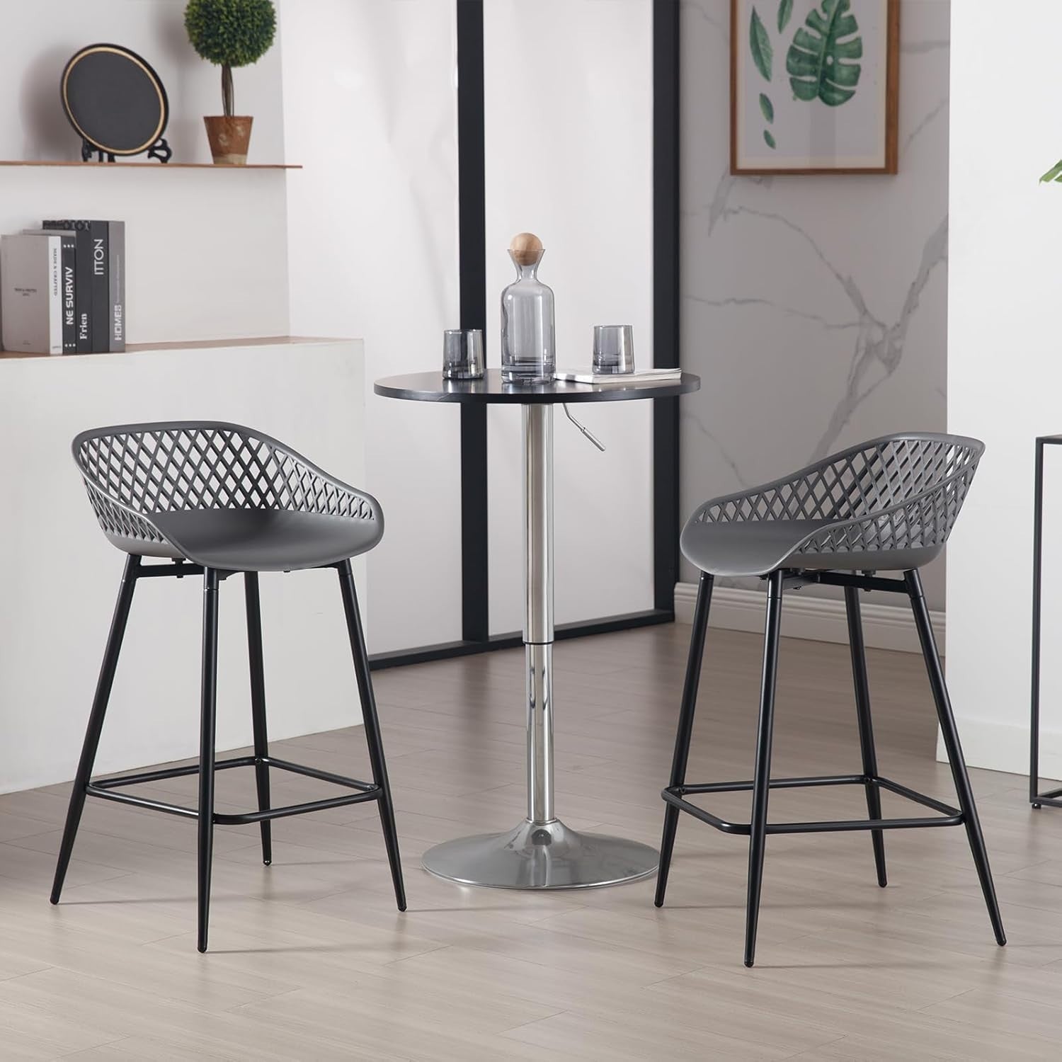 Grey PP Bar Stools Set of 2 with Backrest Footrest Kitchen Counter