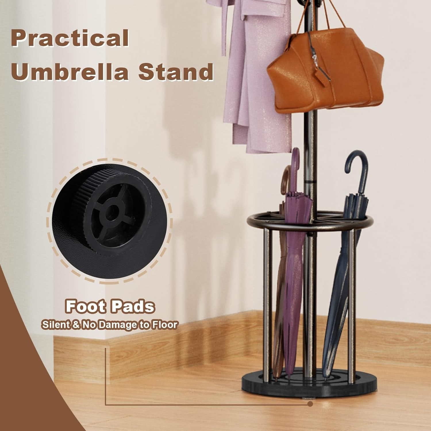 Black Metal Coat Rack Stand | 12 Hook Freestanding Hall Tree with Umbrella Base