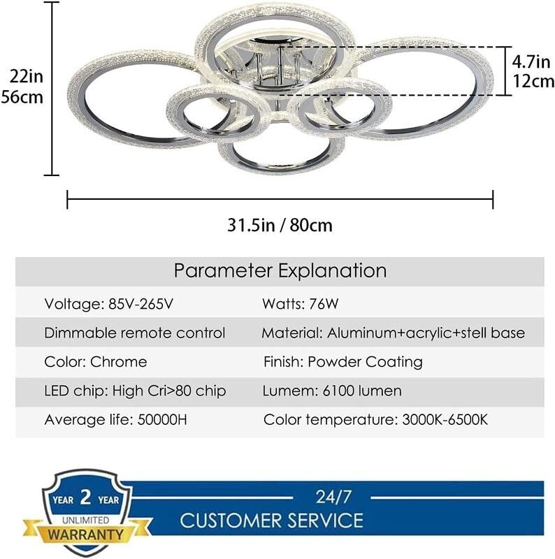Modern LED 6 Ring Ceiling Light Chrome 76W Dimmable Flush Mount Remote