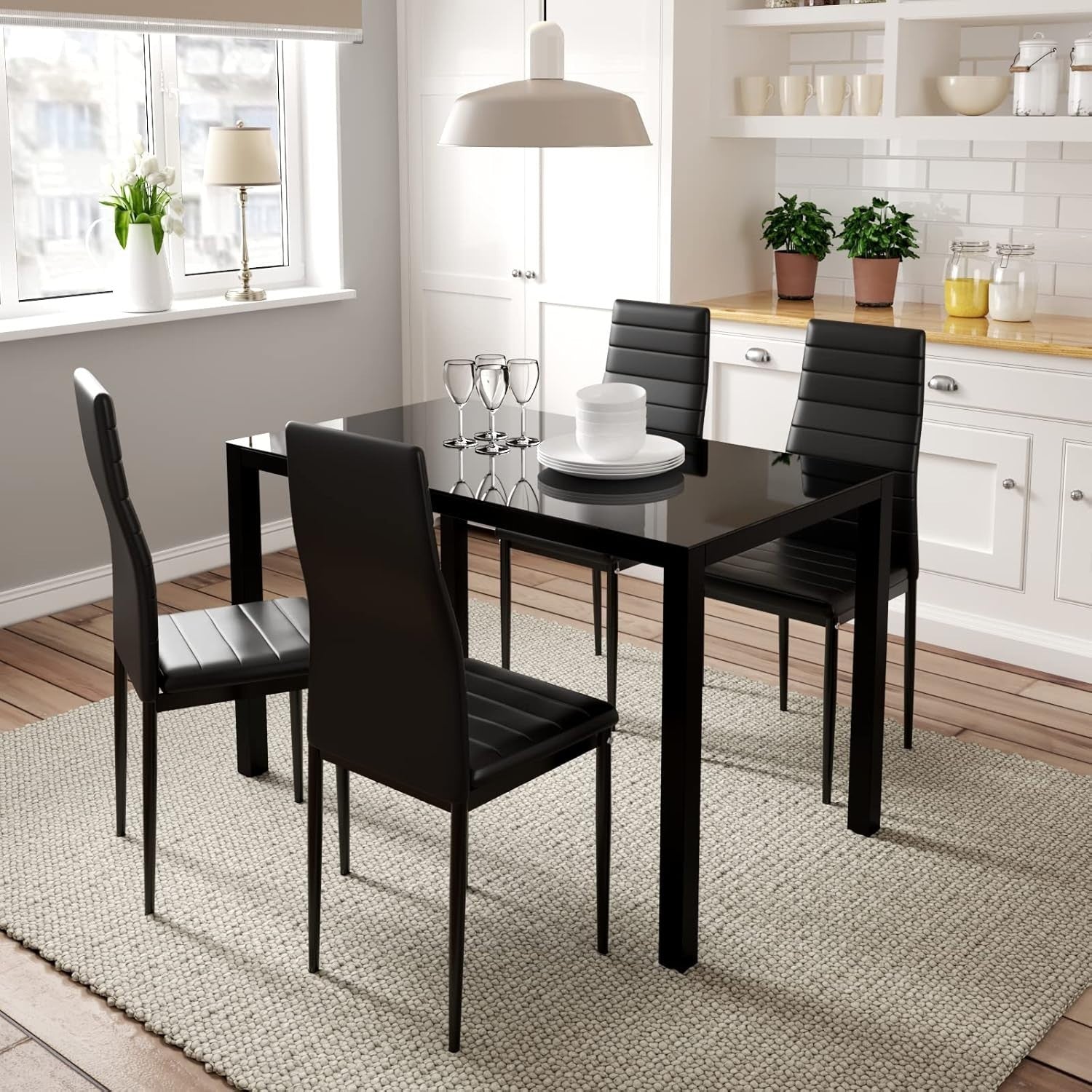 Modern 4-Seater Glass Dining Table with Faux Leather Chairs Black