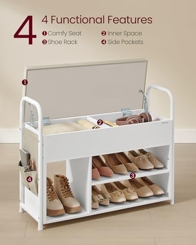 White Shoe Storage Bench with Cushion & Hidden Compartment – Modern Hall Seat