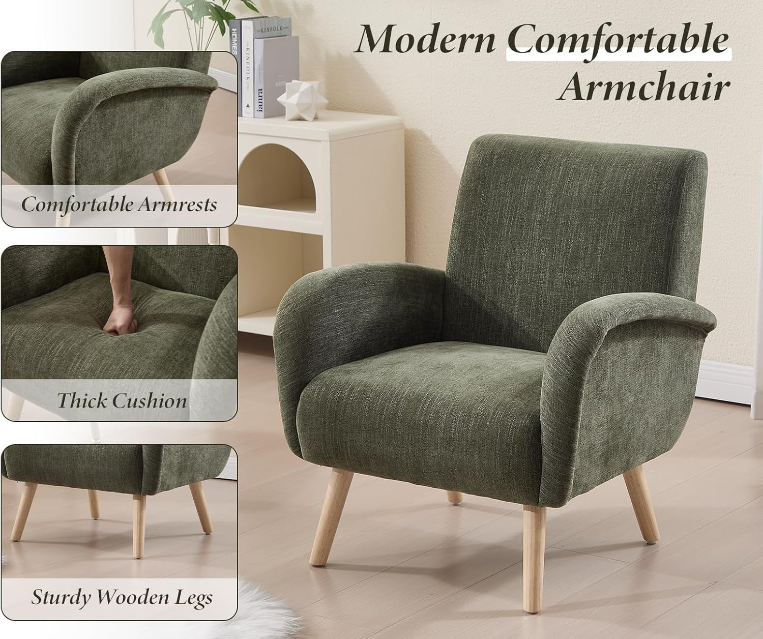 Green Chenille Accent Tub Chair Wooden Legs Modern Armchair