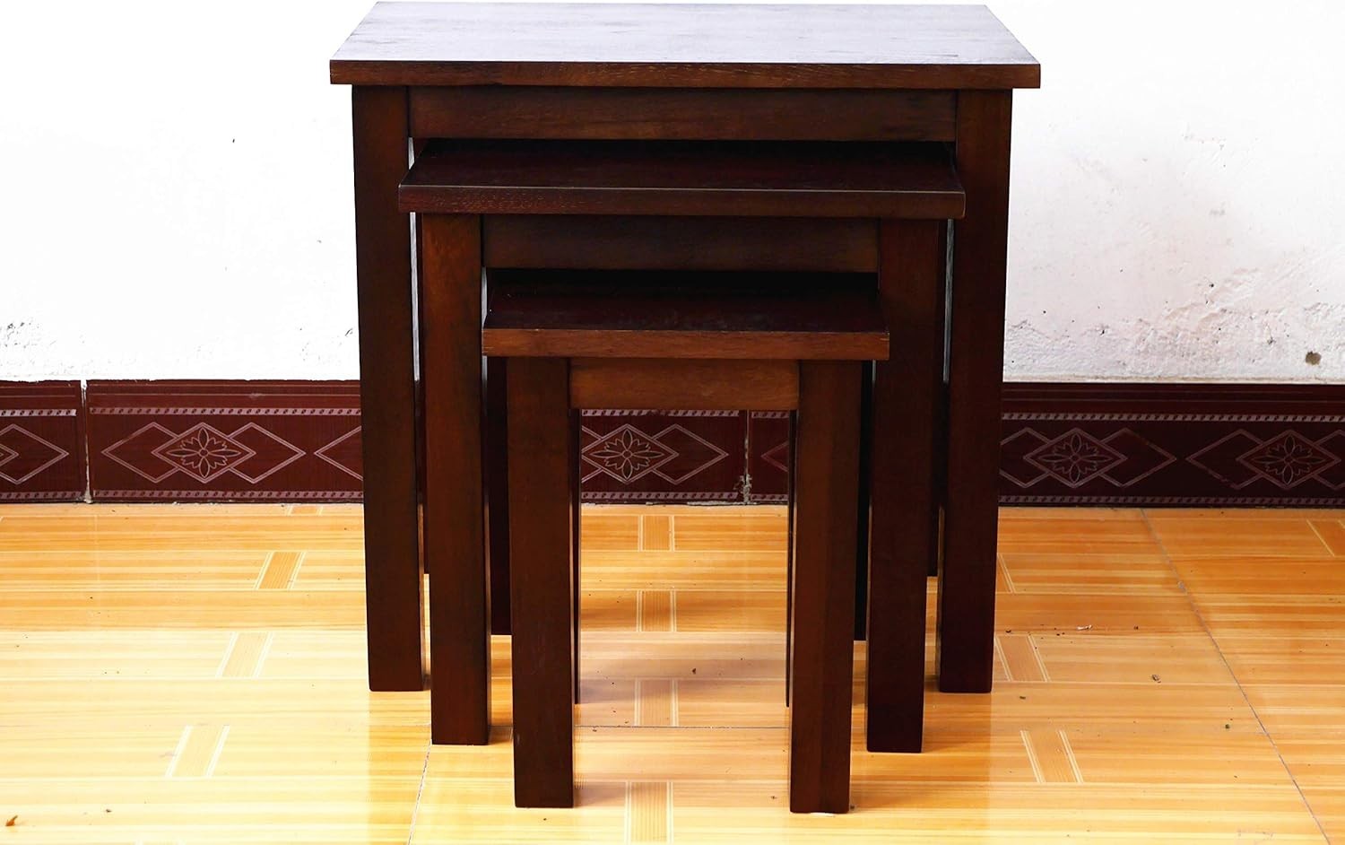 3 Nesting Coffee Tables Set Walnut Oak Wood Rectangular Living Room Side End