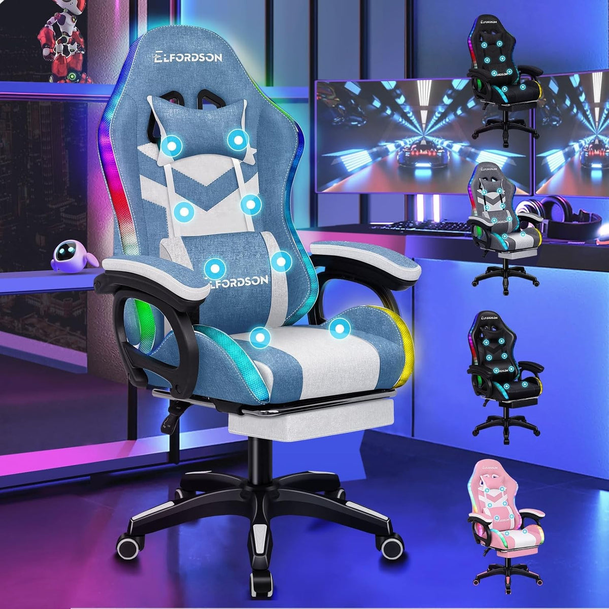 Massage Gaming Chair RGB LED Reclining Office Chair w Footrest