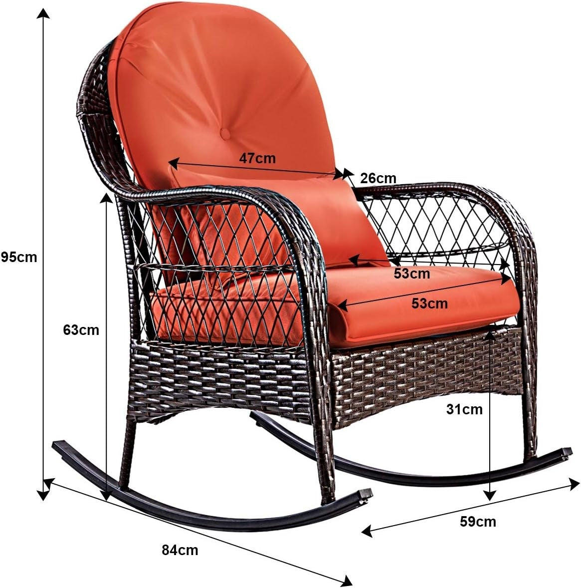 Outdoor Rattan Rocking Chair with Cushions & Lumbar Support, Red