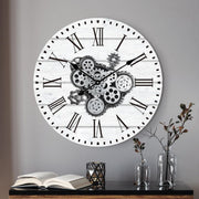 23" White Wall Clock Real Gears Rustic Farmhouse Roman Numeral Vintage
