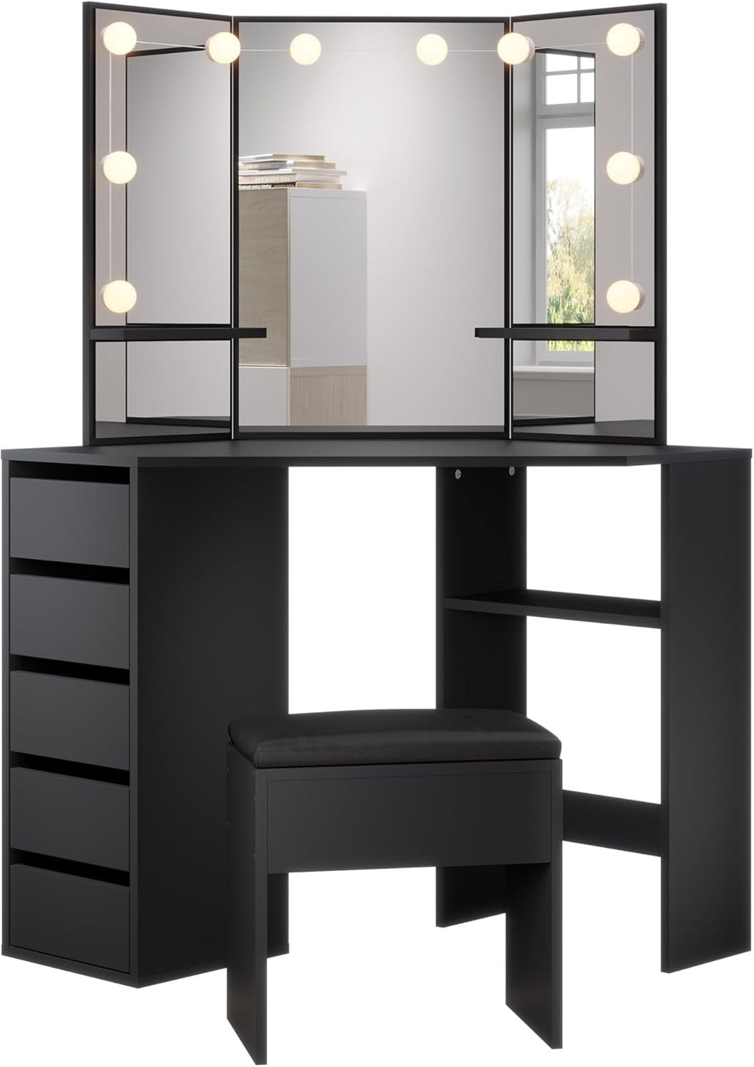 Corner Makeup Vanity Table Desk Black 5 Drawer 3-Angle Mirror Small Space