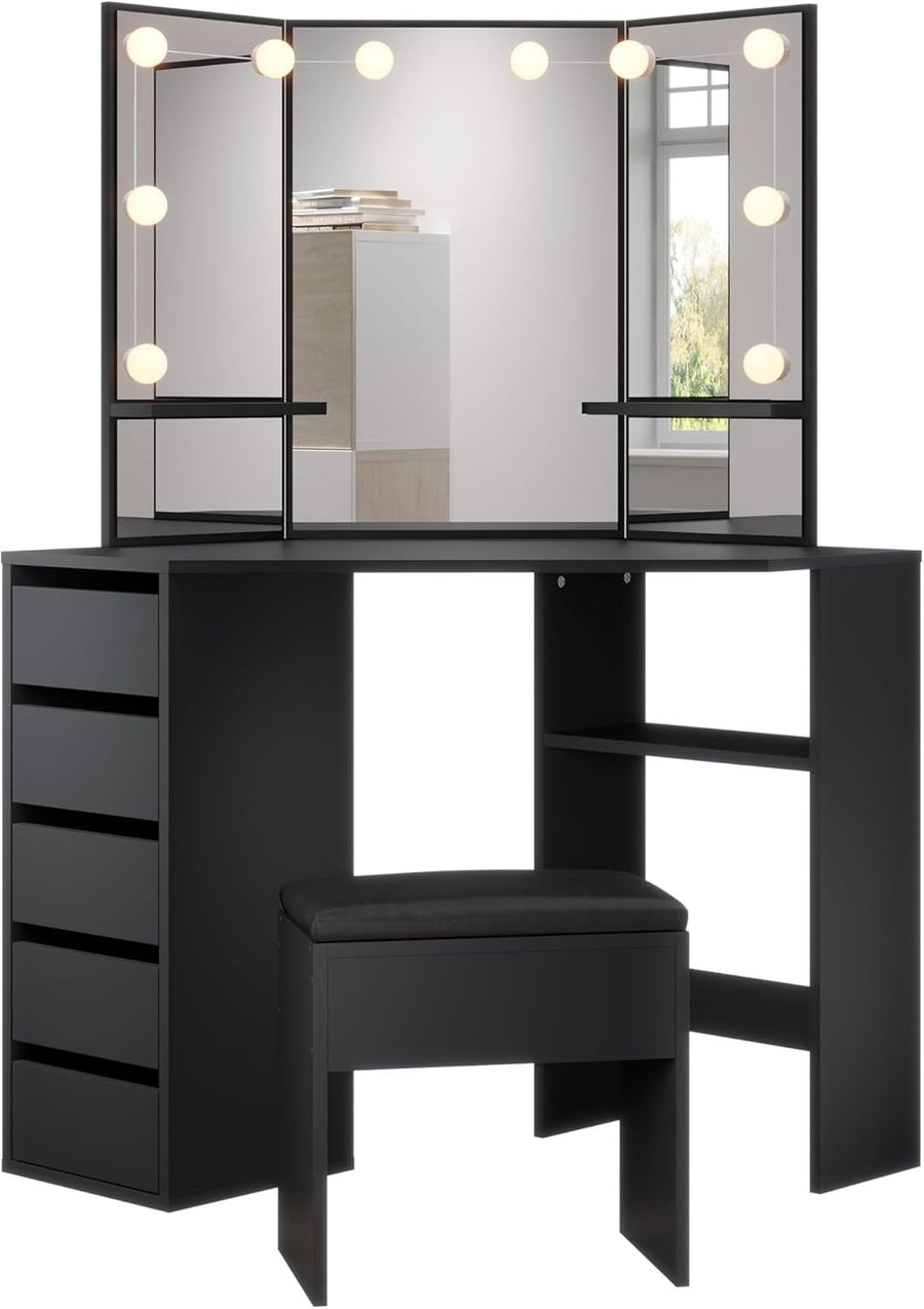 Corner Makeup Vanity Table Desk Black 5 Drawer 3-Angle Mirror Small Space