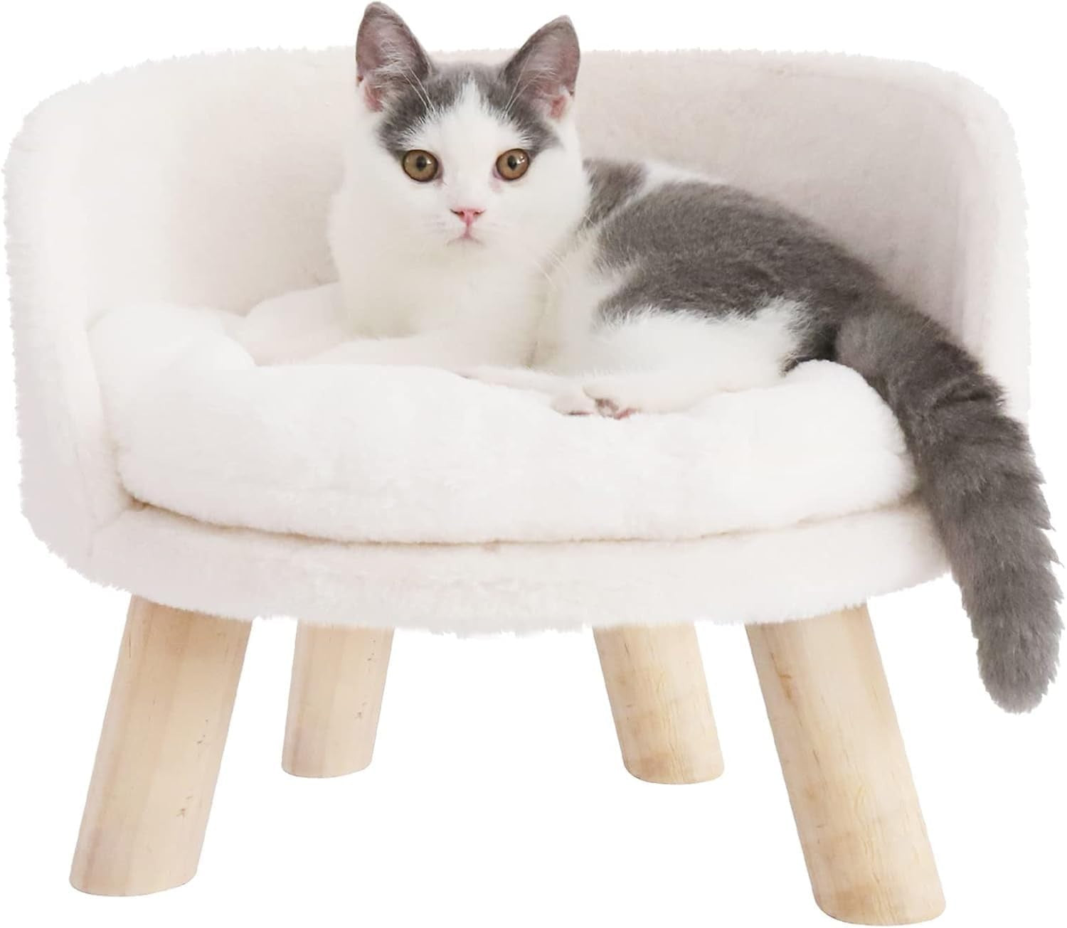 Elevated Cat Sofa Chair Bed Plush Pet Stool w Wooden Legs 40cm