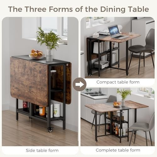 Rustic Brown Drop Leaf Folding Dining Table with Storage 120cm