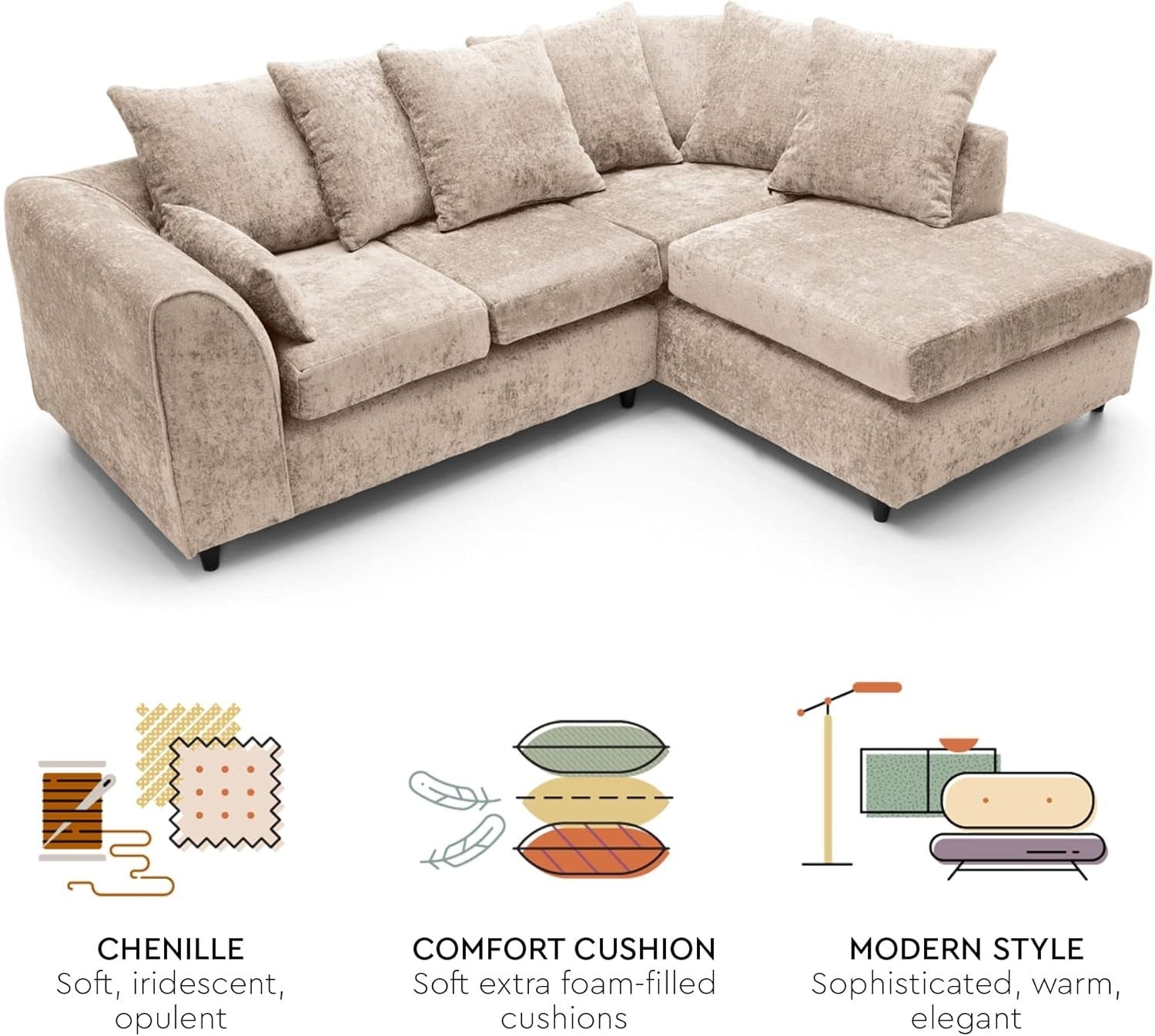 Cream L-Shaped Chenille Sofa 3-Seater Foam Cushions Modern Living Room