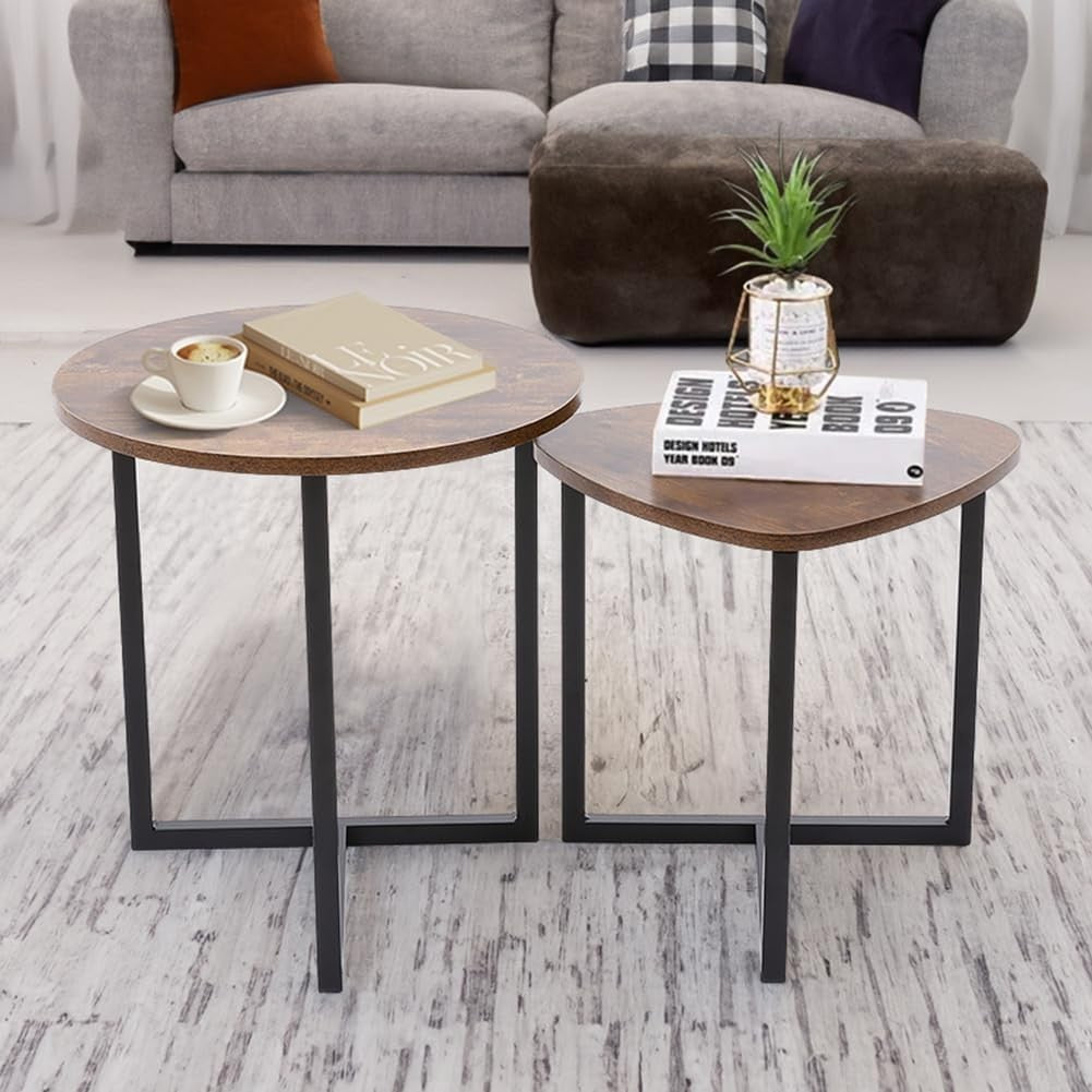 Nesting Coffee Table Set 2 Brown Round Square Side End Sofa Accent Wood Metal