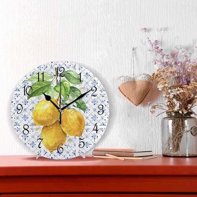 Mediterranean Lemon Wall Clock 25cm Rustic Kitchen Decor Silent Non-Ticking