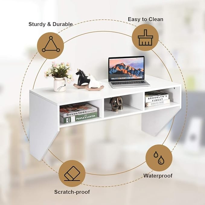 Wall Mounted Floating Desk Laptop Table Storage Shelves Space Saving
