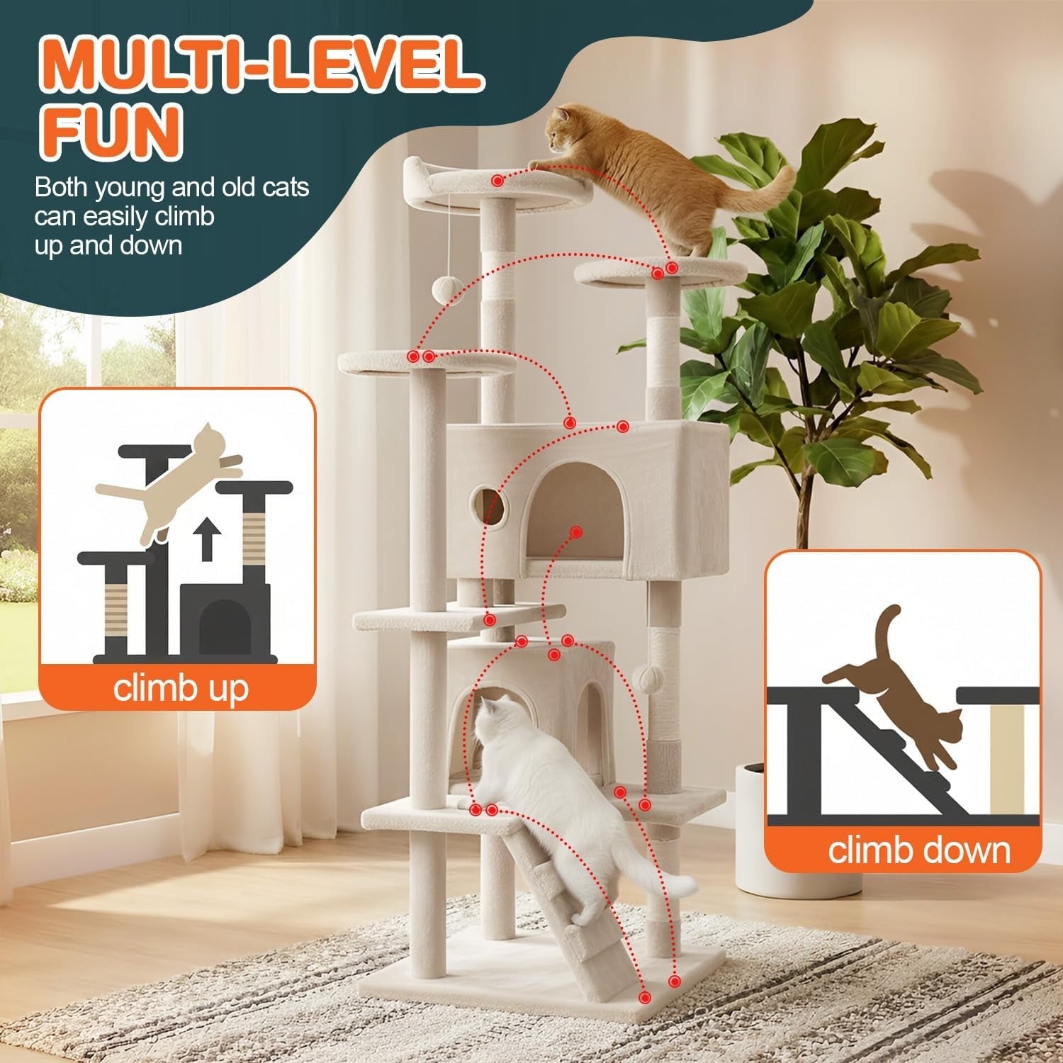 Beige Multi Level Cat Tree Tower 139cm with Condo Scratching Posts Play Centre