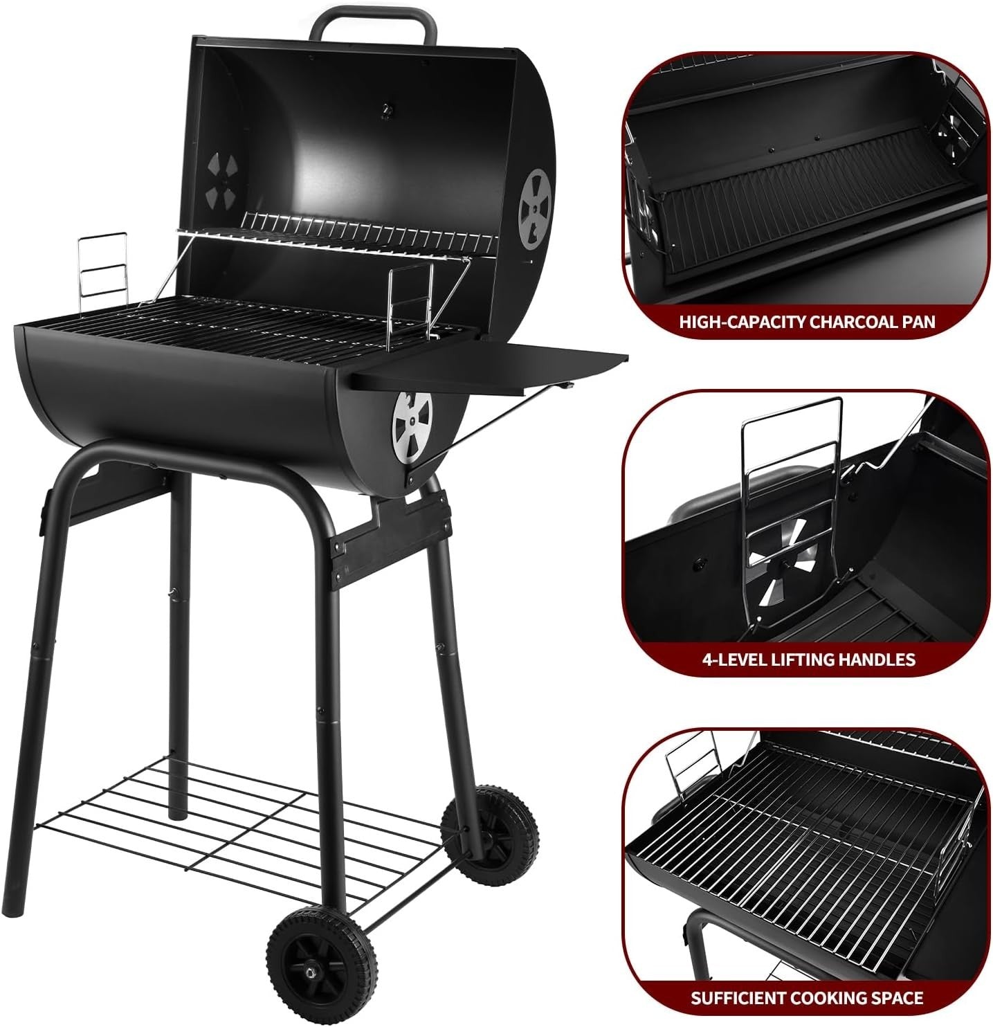 Charcoal BBQ Grill Smoker Outdoor | 2-in-1 Barrel Barbecue | Side Shelves