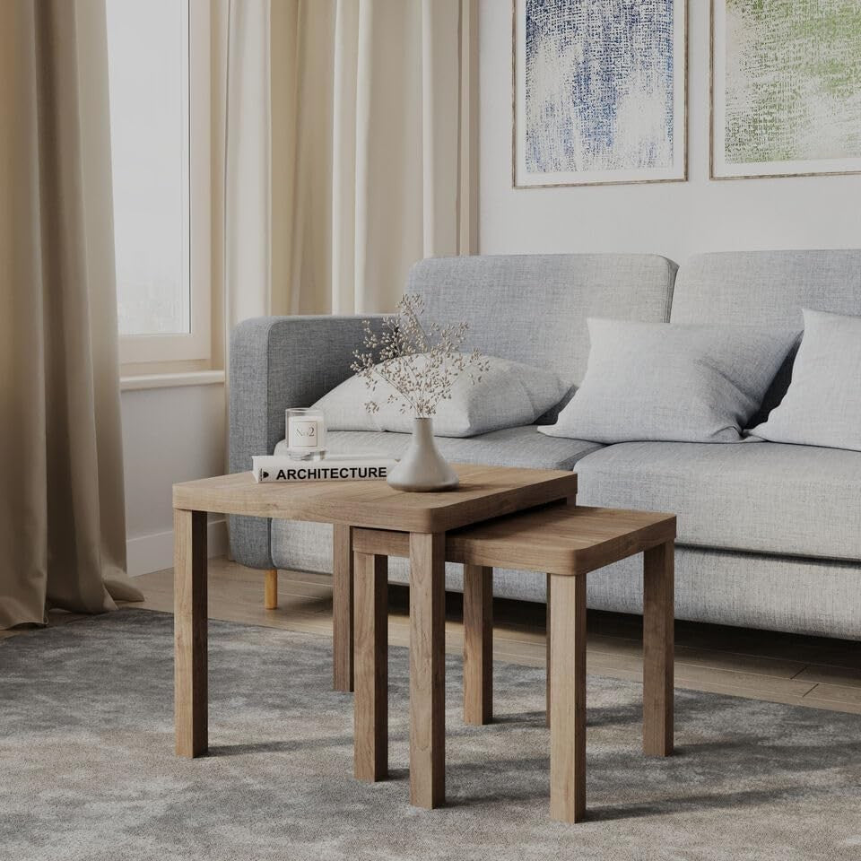 Space Saving Nesting End Tables Set of 2 Oak Square Side Coffee Desk