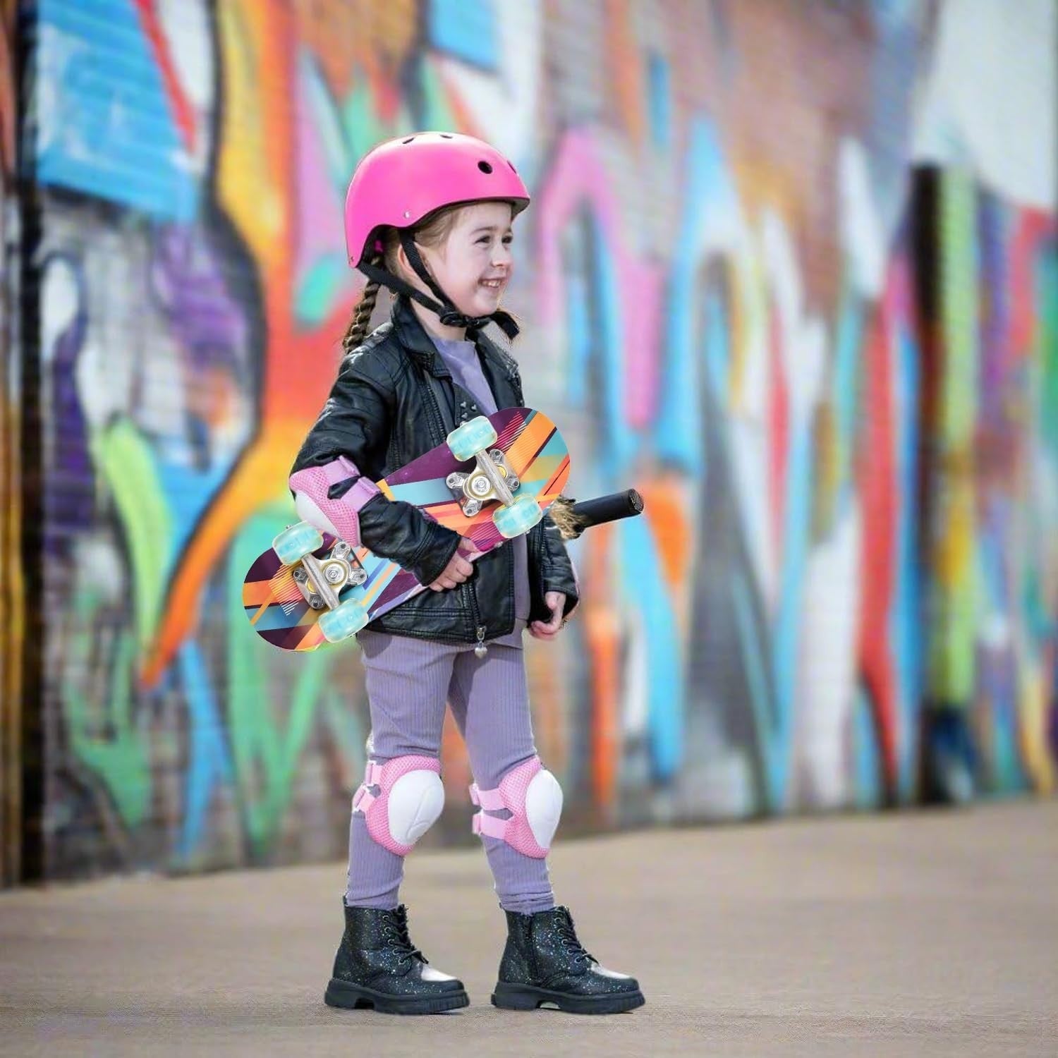 17 Inch Mini Skateboard, Light Up Wheels Kids Beginner Double Kick T Tool