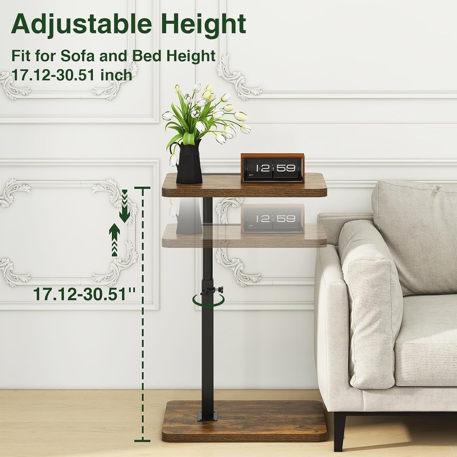 Adjustable C-Shaped Side Table with 360° Swivel, Space-Saving 29x39cm