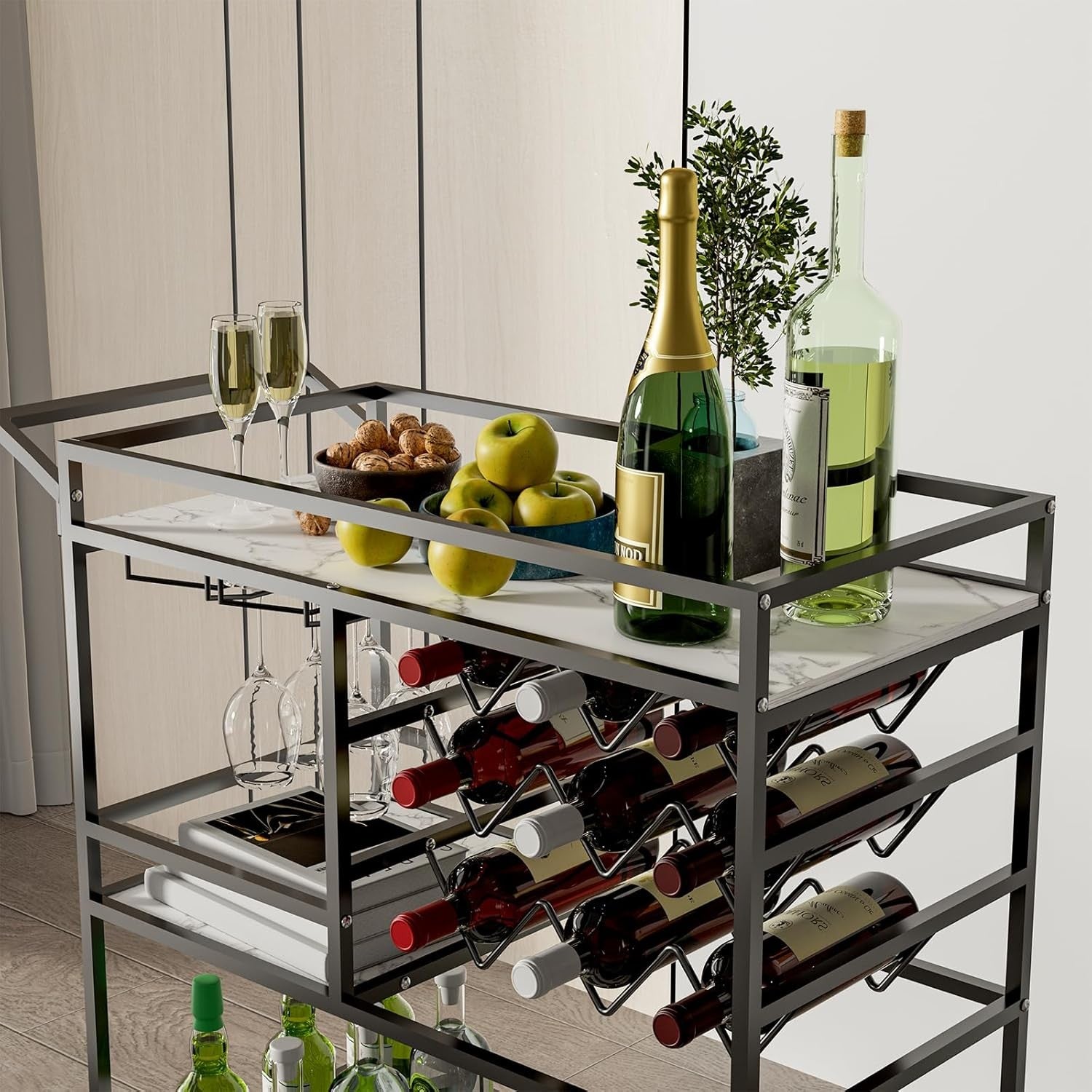 Bar Cart on Wheels with Wine Rack Glass Holder 3 Tier Drinks Trolley
