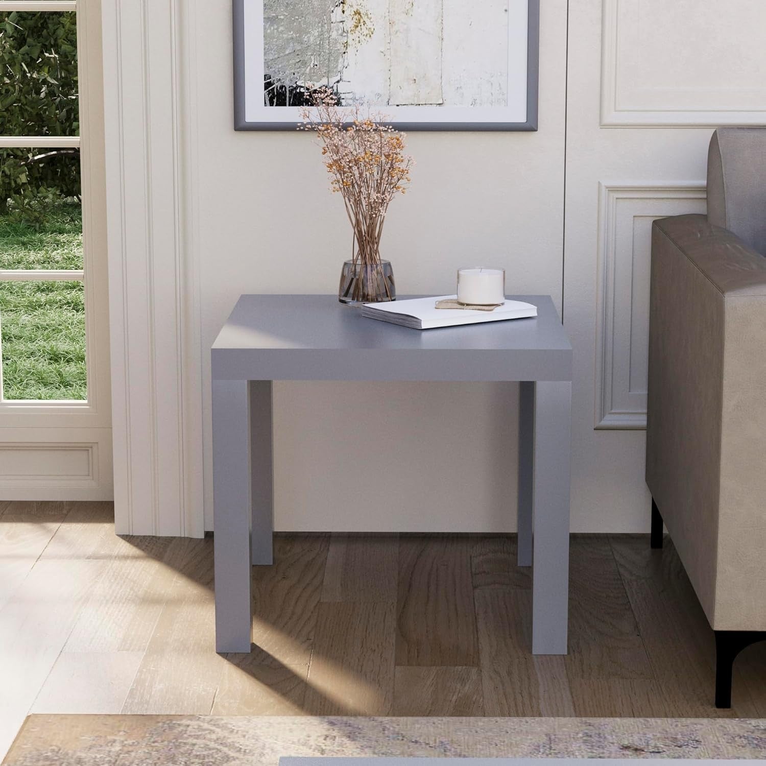 Modern Grey Square Side Table – Compact Lightweight End Table for Living Room