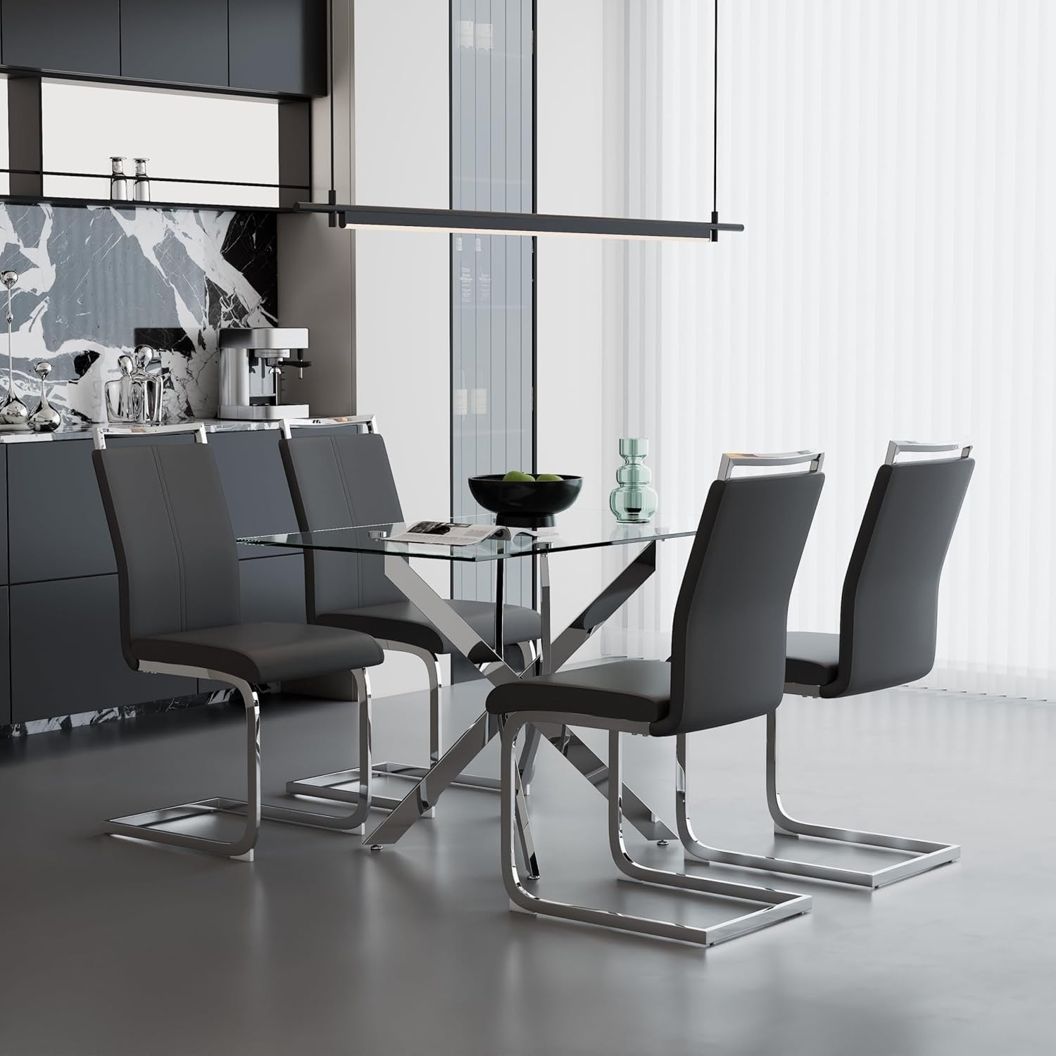 Modern Rectangular Glass Dining Table Set with 4 Comfortable PVC Chairs