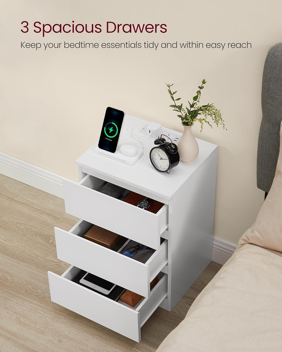 Modern Bedside Table with Charging Station, 3 Drawers, USB & AC Ports, White