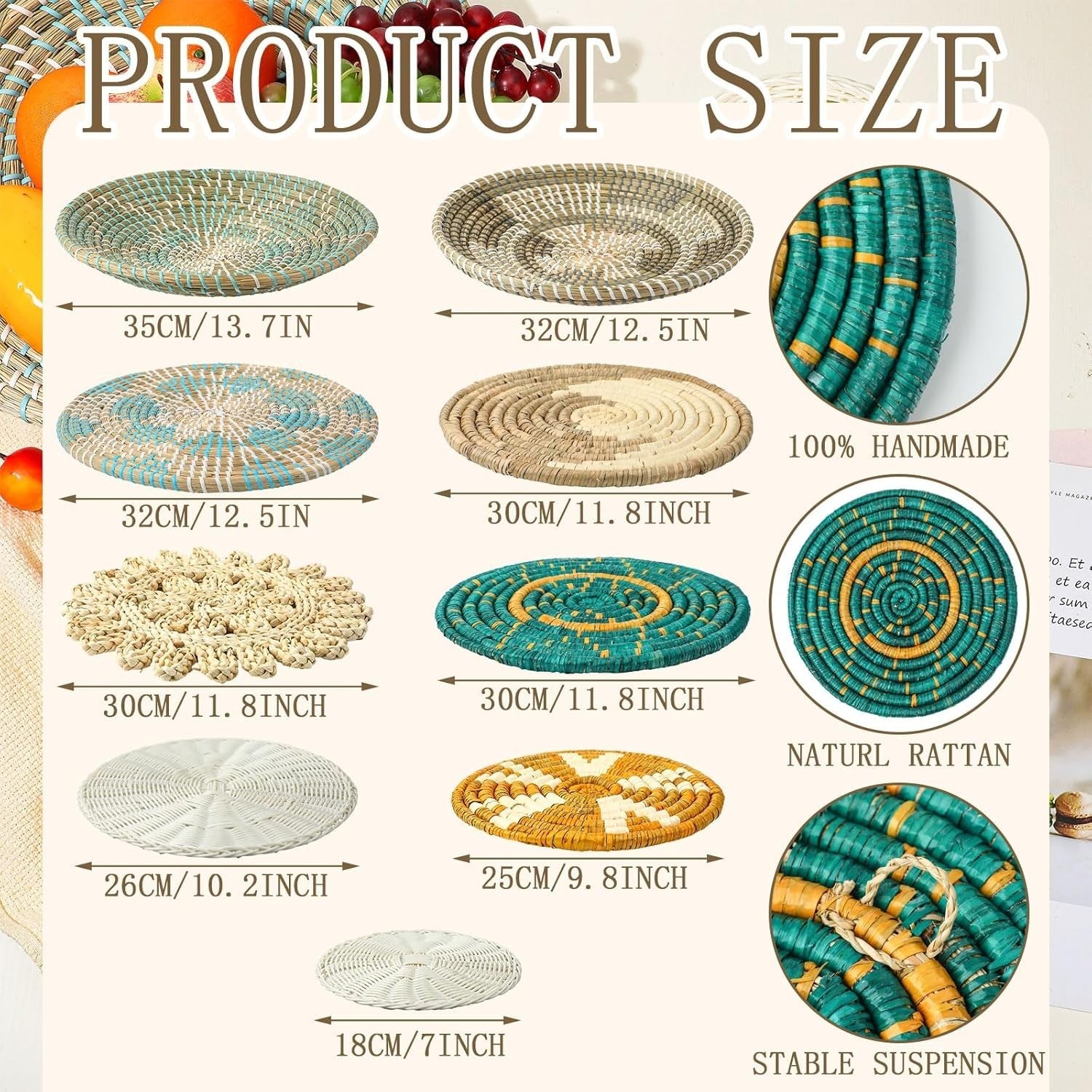 11PCS Boho Woven Wall Baskets Bulrush Farmhouse Decor Clr Bright