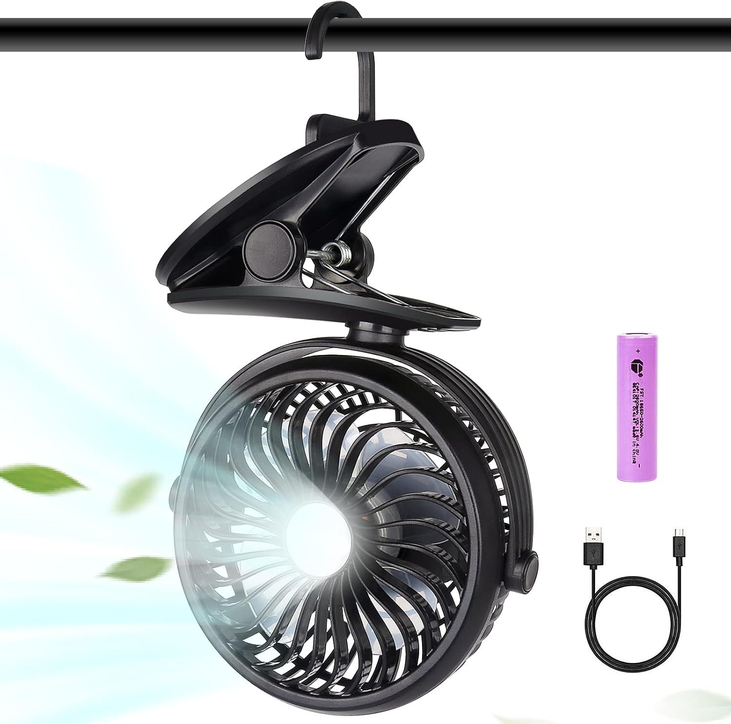 Clip-On Camping Fan – Rechargeable Desk Fan w/ LED Light 3 Speeds Portable Black