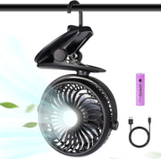 Clip-On Camping Fan – Rechargeable Desk Fan w/ LED Light 3 Speeds Portable Black