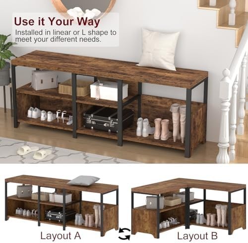 Rustic Brown Entryway Bench 145cm Shoe Storage Hallway Corner Seat